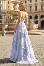 A-Line Straps Sky Blue Chiffon Ruffles Long Formal Prom Gown