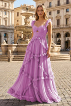 A-Line Straps Sky Blue Chiffon Ruffles Long Formal Prom Gown