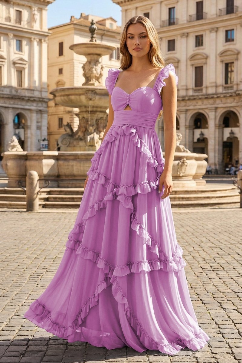 A-Line Straps Sky Blue Chiffon Ruffles Long Formal Prom Gown