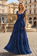 A-Line Straps Sky Blue Chiffon Ruffles Long Formal Prom Gown