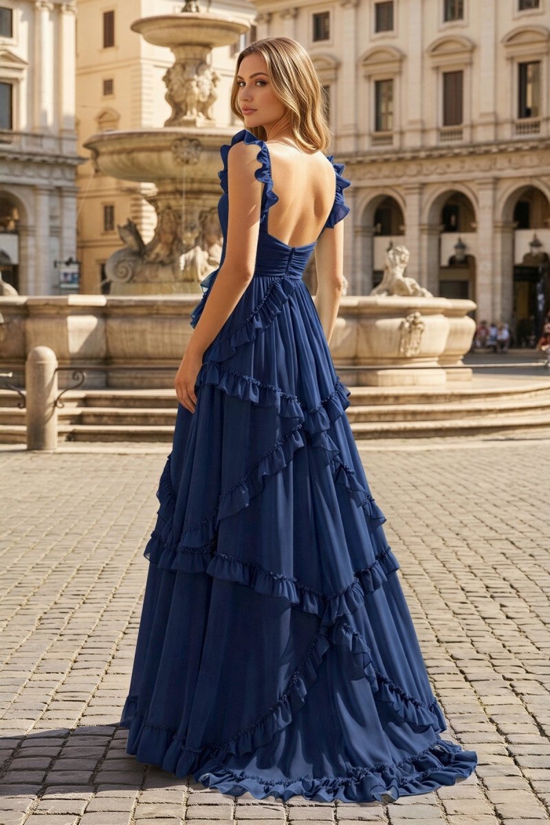 A-Line Straps Sky Blue Chiffon Ruffles Long Formal Prom Gown