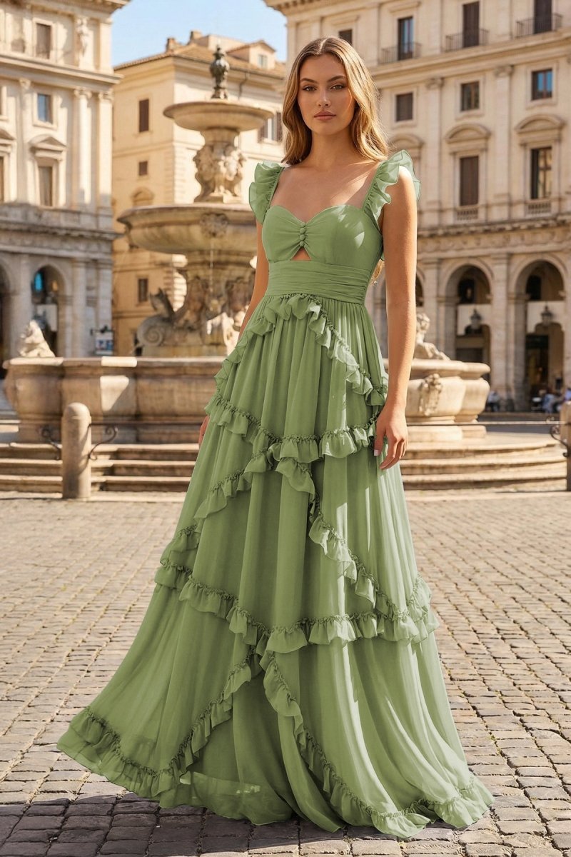 A-Line Straps Sky Blue Chiffon Ruffles Long Formal Prom Gown