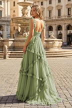A-Line Straps Sky Blue Chiffon Ruffles Long Formal Prom Gown