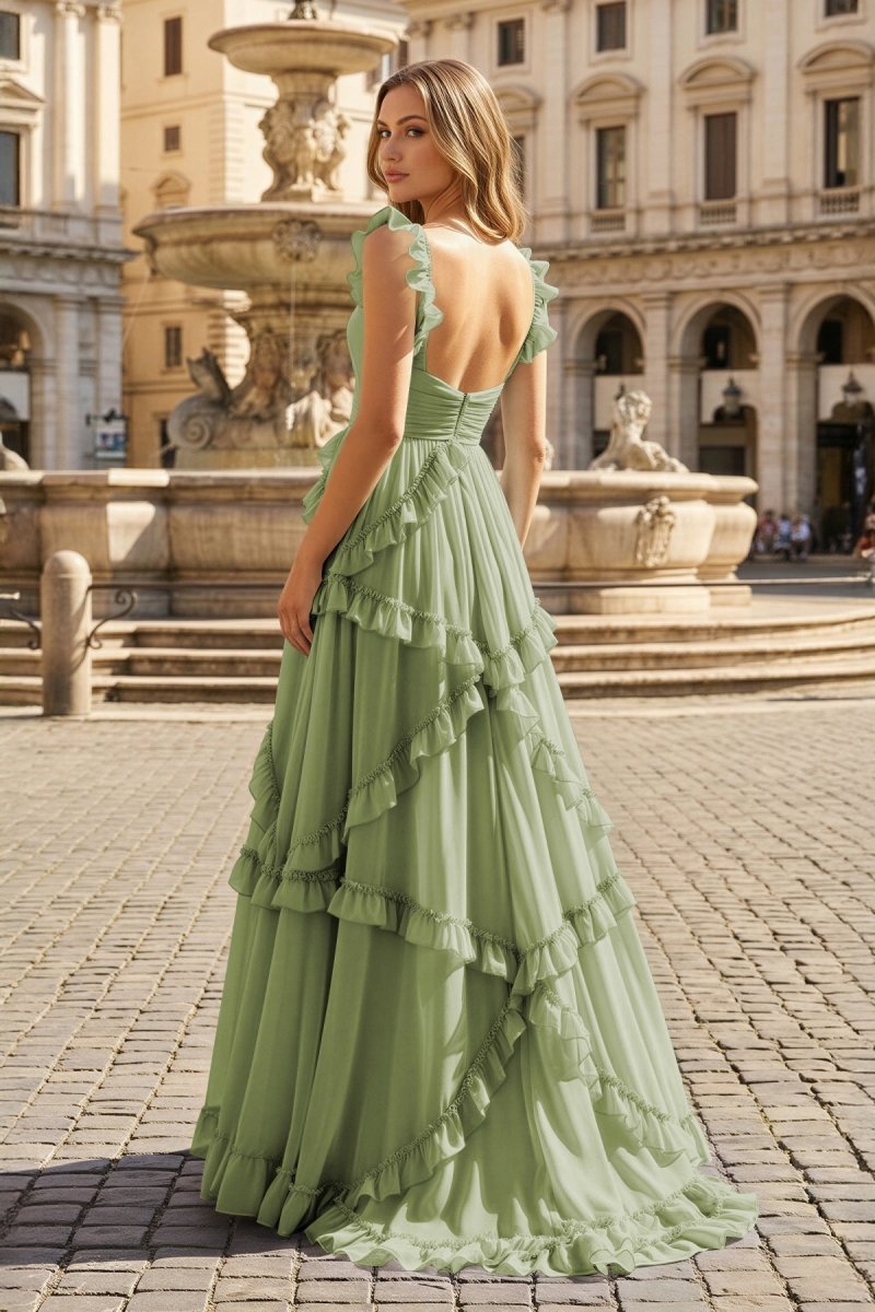 A-Line Straps Sky Blue Chiffon Ruffles Long Formal Prom Gown