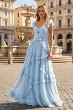 A-Line Straps Sky Blue Chiffon Ruffles Long Formal Prom Gown