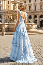 A-Line Straps Sky Blue Chiffon Ruffles Long Formal Prom Gown