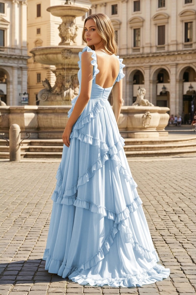 A-Line Straps Sky Blue Chiffon Ruffles Long Formal Prom Gown
