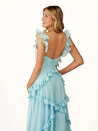 A-Line Straps Sky Blue Chiffon Ruffles Long Formal Prom Gown