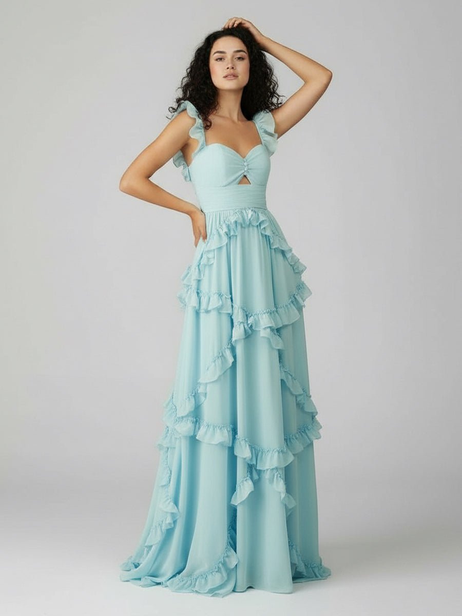 A-Line Straps Sky Blue Chiffon Ruffles Long Formal Prom Gown