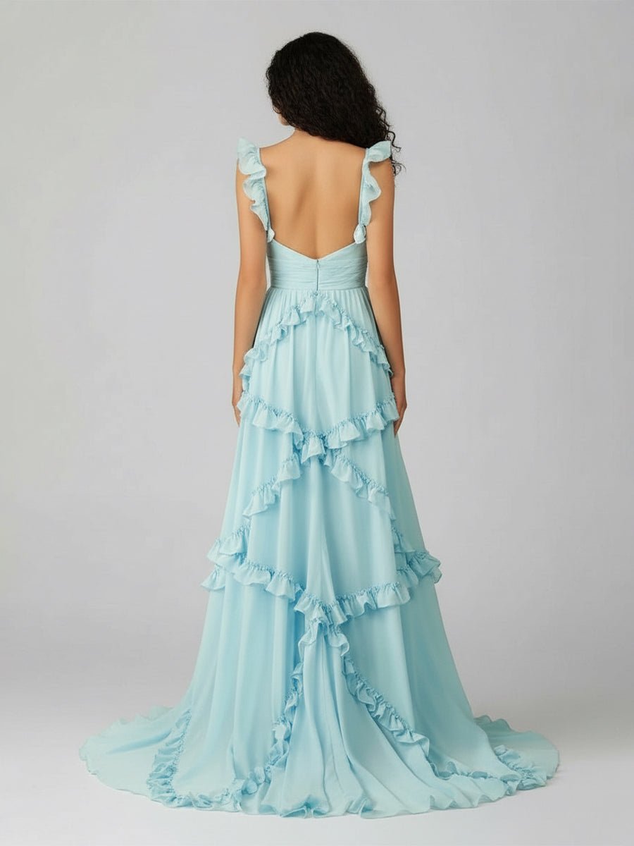 A-Line Straps Sky Blue Chiffon Ruffles Long Formal Prom Gown