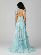 A-Line Straps Sky Blue Chiffon Ruffles Long Formal Prom Gown