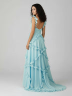 A-Line Straps Sky Blue Chiffon Ruffles Long Formal Prom Gown