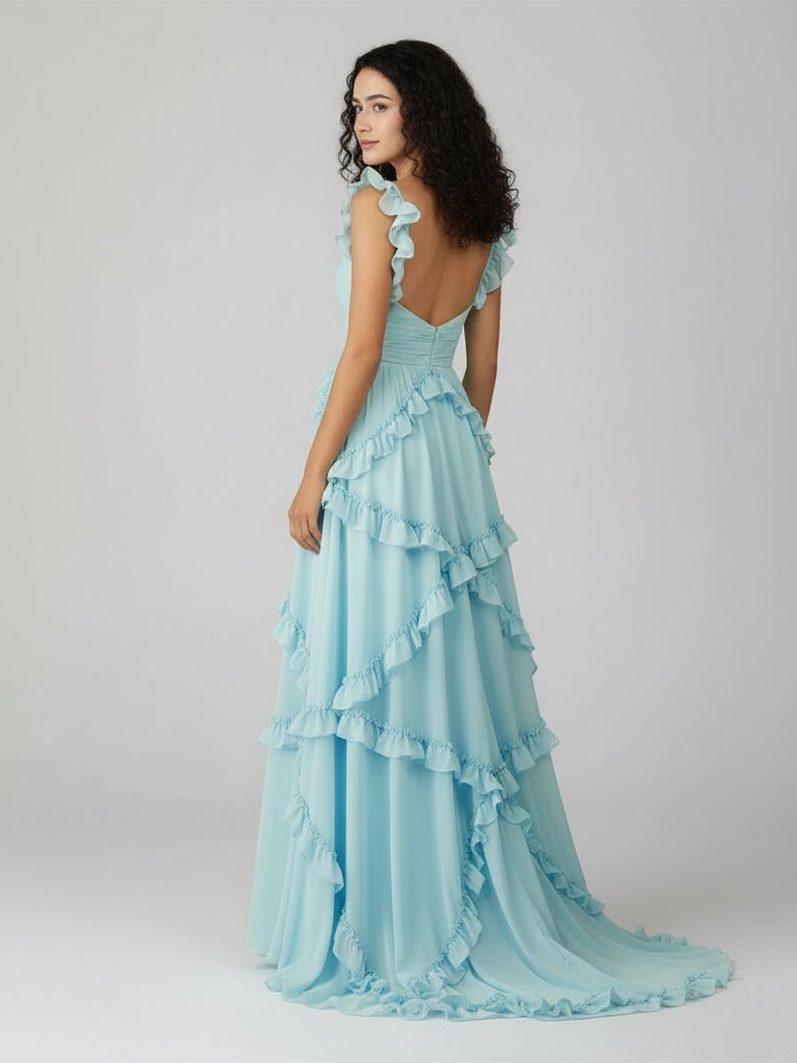 A-Line Straps Sky Blue Chiffon Ruffles Long Formal Prom Gown