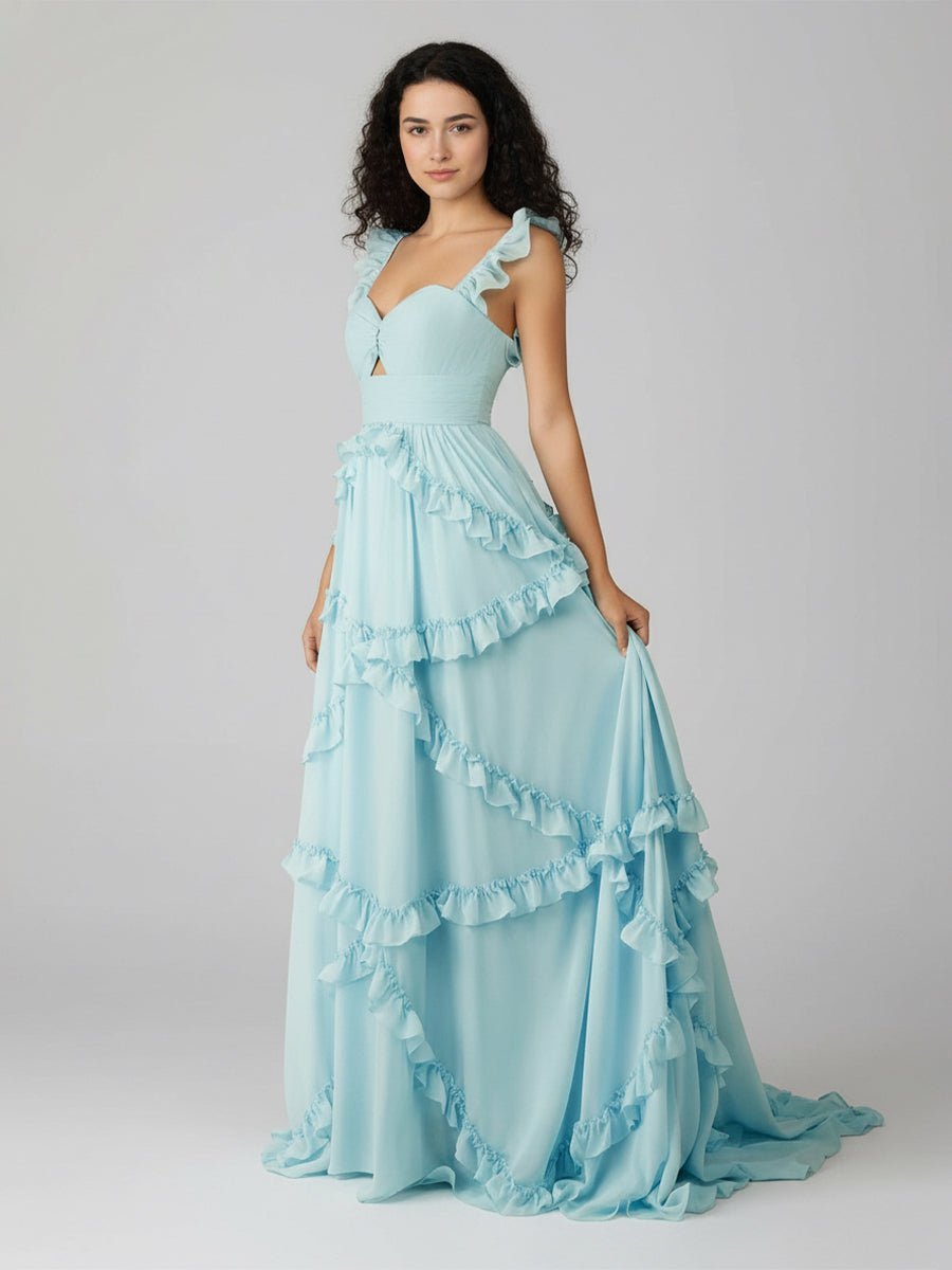 A-Line Straps Sky Blue Chiffon Ruffles Long Formal Prom Gown