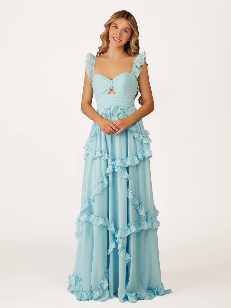 A-Line Straps Sky Blue Chiffon Ruffles Long Formal Prom Gown