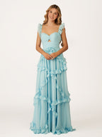 A-Line Straps Sky Blue Chiffon Ruffles Long Formal Prom Gown