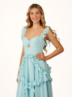 A-Line Straps Sky Blue Chiffon Ruffles Long Formal Prom Gown