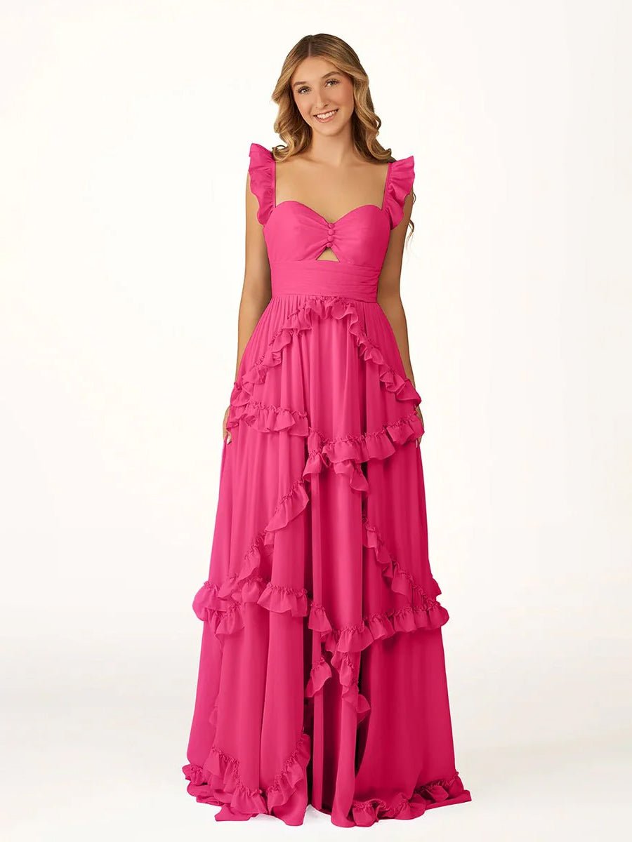 A-Line Straps Sky Blue Chiffon Ruffles Long Formal Prom Gown
