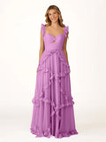A-Line Straps Sky Blue Chiffon Ruffles Long Formal Prom Gown