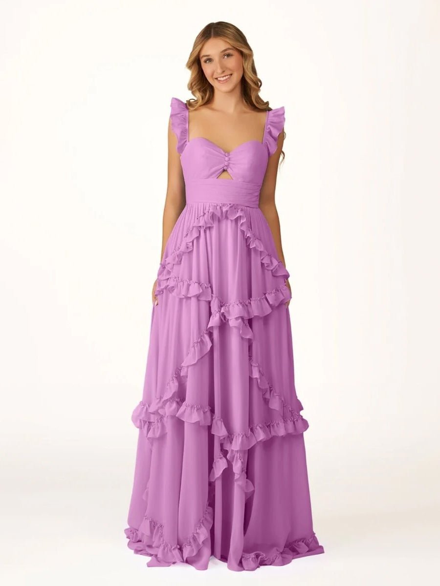 A-Line Straps Sky Blue Chiffon Ruffles Long Formal Prom Gown