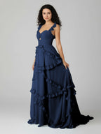 A-Line Straps Sky Blue Chiffon Ruffles Long Formal Prom Gown