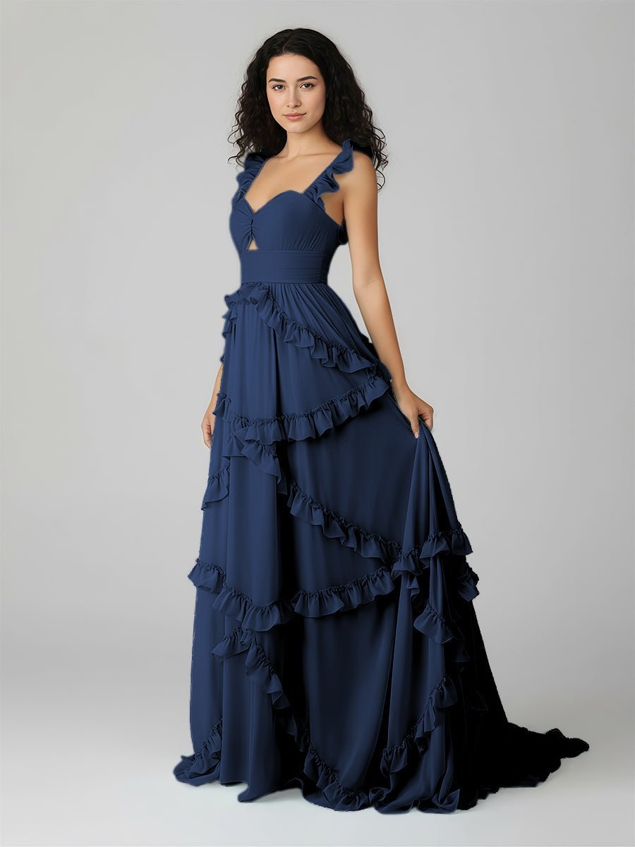 A-Line Straps Sky Blue Chiffon Ruffles Long Formal Prom Gown