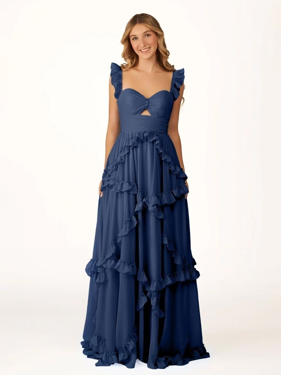 A-Line Straps Sky Blue Chiffon Ruffles Long Formal Prom Gown