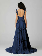 A-Line Straps Sky Blue Chiffon Ruffles Long Formal Prom Gown
