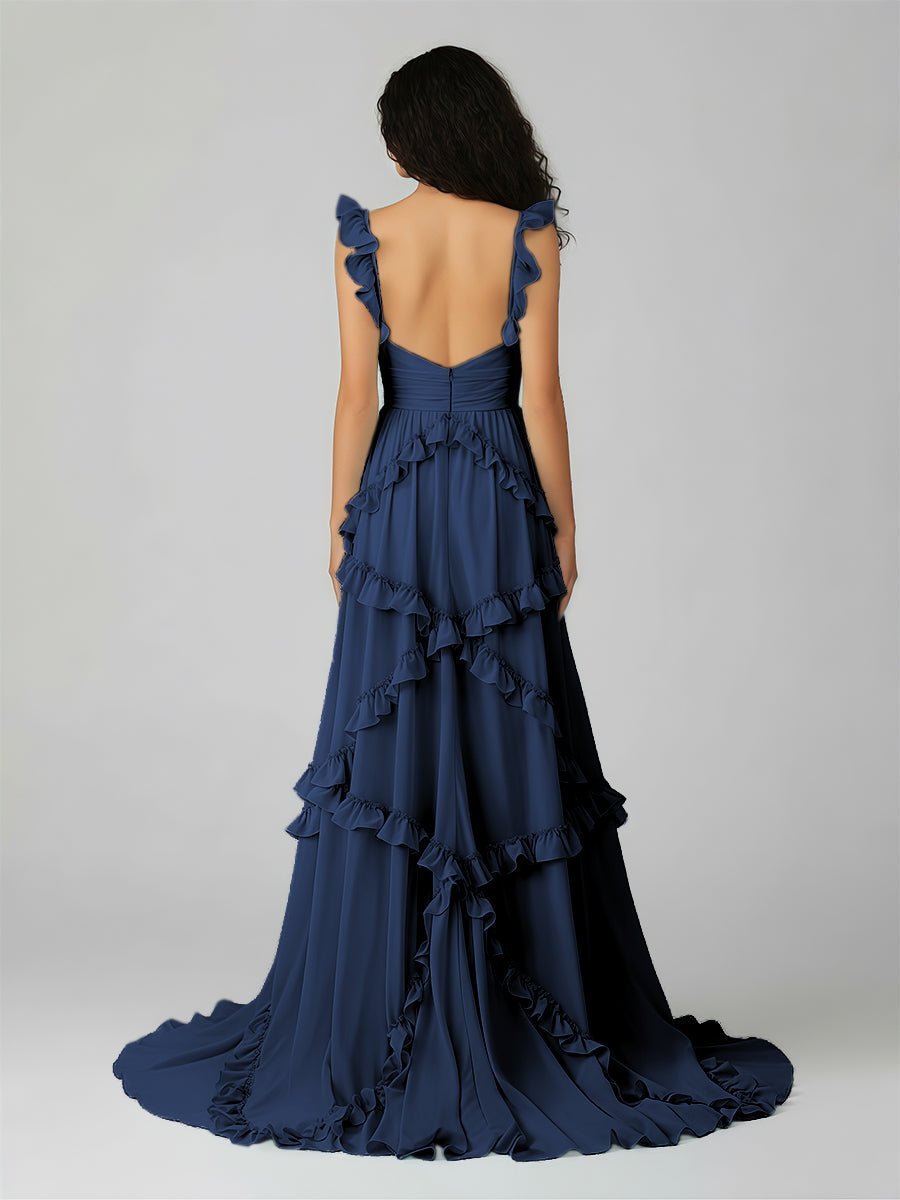 A-Line Straps Sky Blue Chiffon Ruffles Long Formal Prom Gown