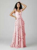 A-Line Straps Sky Blue Chiffon Ruffles Long Formal Prom Gown