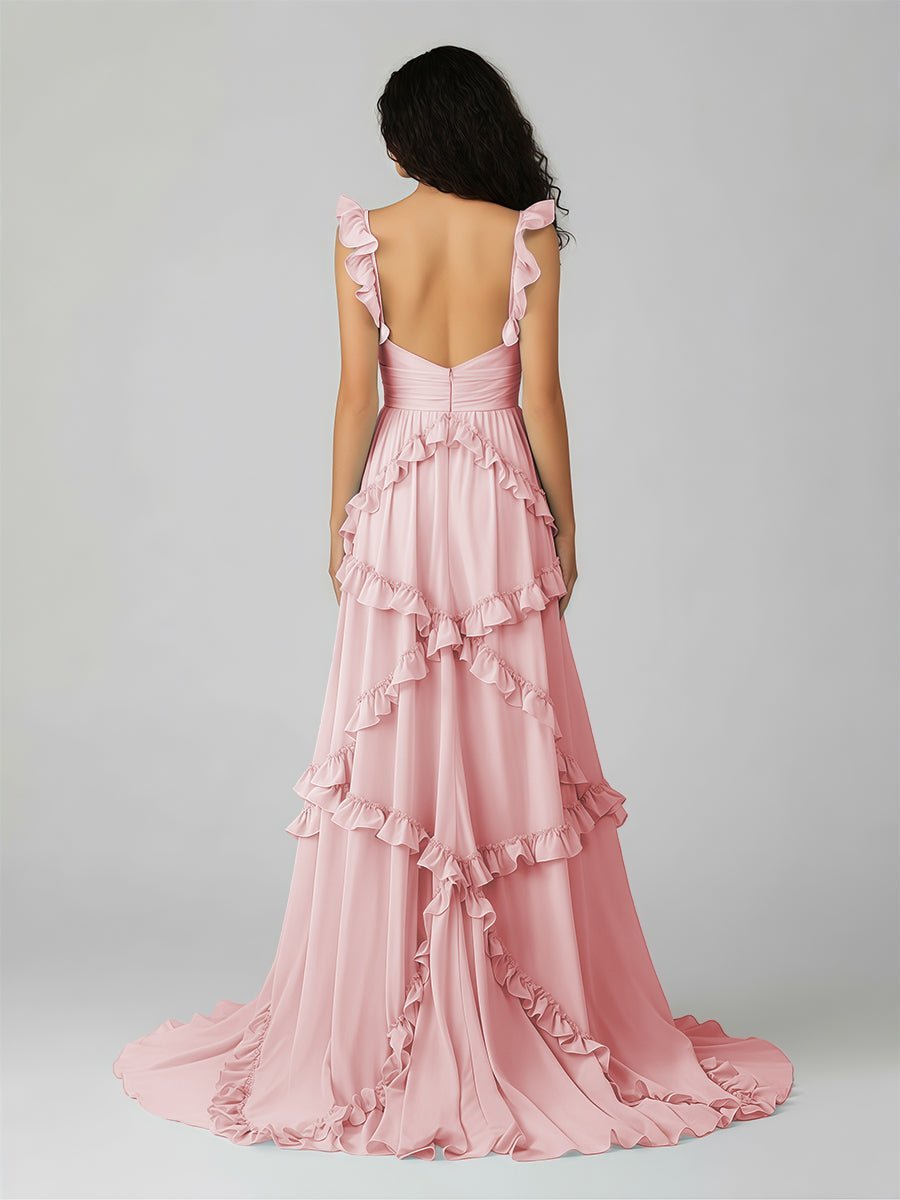 A-Line Straps Sky Blue Chiffon Ruffles Long Formal Prom Gown
