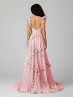 A-Line Straps Sky Blue Chiffon Ruffles Long Formal Prom Gown