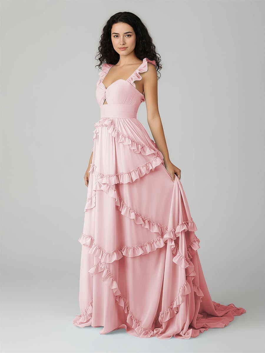 A-Line Straps Sky Blue Chiffon Ruffles Long Formal Prom Gown