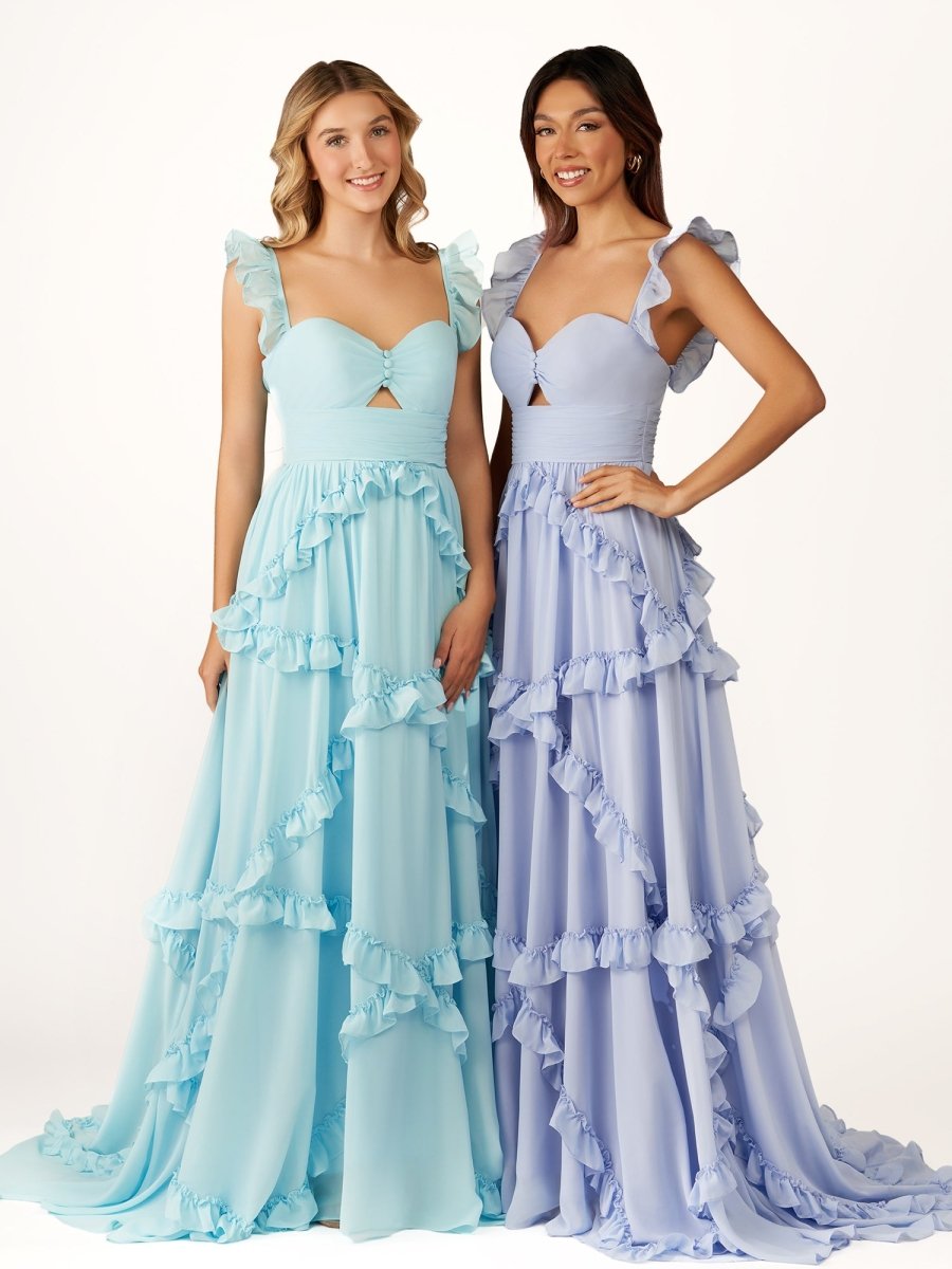 A-Line Straps Sky Blue Chiffon Ruffles Long Formal Prom Gown