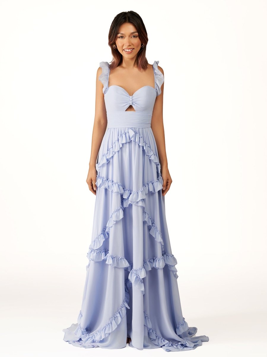 A-Line Straps Sky Blue Chiffon Ruffles Long Formal Prom Gown