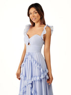 A-Line Straps Sky Blue Chiffon Ruffles Long Formal Prom Gown