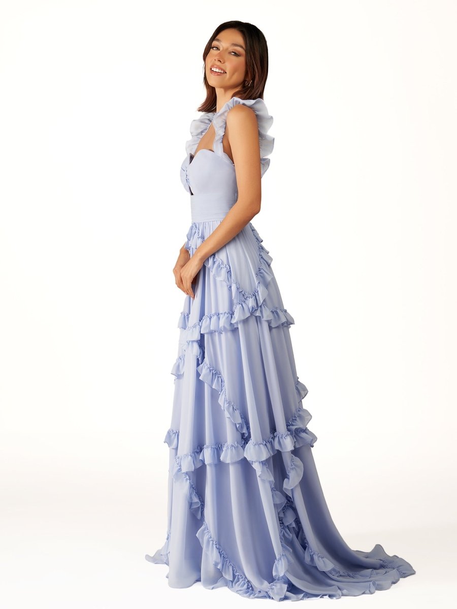 A-Line Straps Sky Blue Chiffon Ruffles Long Formal Prom Gown