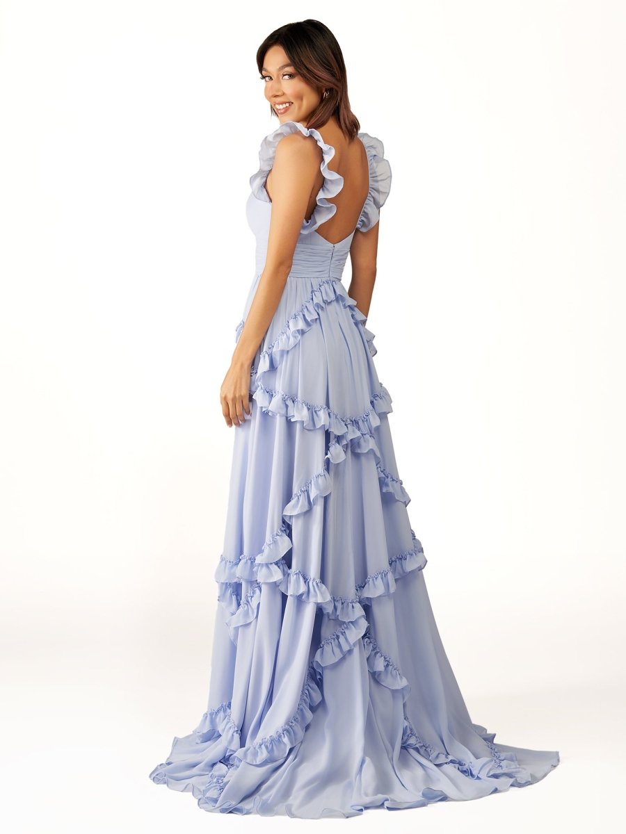 A-Line Straps Sky Blue Chiffon Ruffles Long Formal Prom Gown