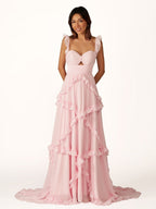 A-Line Straps Sky Blue Chiffon Ruffles Long Formal Prom Gown