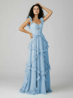 A-Line Straps Sky Blue Chiffon Ruffles Long Formal Prom Gown