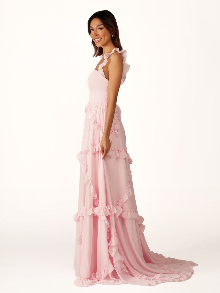 A-Line Straps Sky Blue Chiffon Ruffles Long Formal Prom Gown