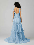 A-Line Straps Sky Blue Chiffon Ruffles Long Formal Prom Gown