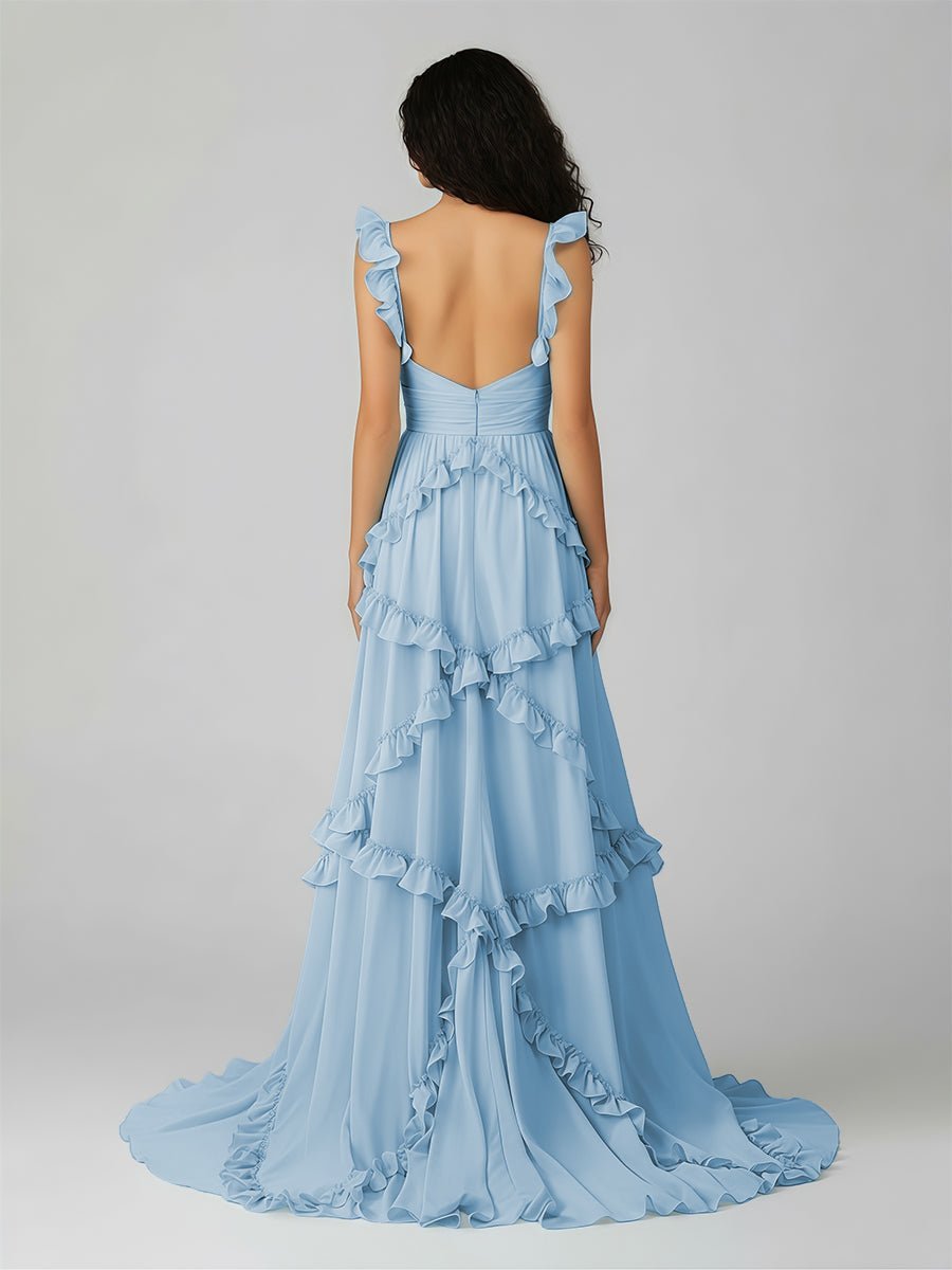 A-Line Straps Sky Blue Chiffon Ruffles Long Formal Prom Gown
