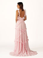 A-Line Straps Sky Blue Chiffon Ruffles Long Formal Prom Gown