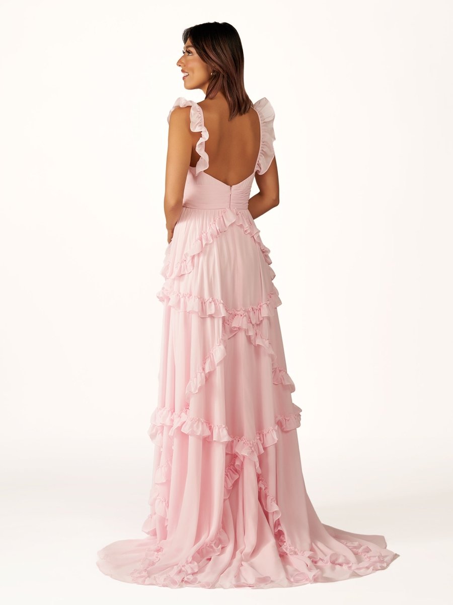 A-Line Straps Sky Blue Chiffon Ruffles Long Formal Prom Gown