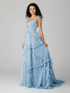 A-Line Straps Sky Blue Chiffon Ruffles Long Formal Prom Gown
