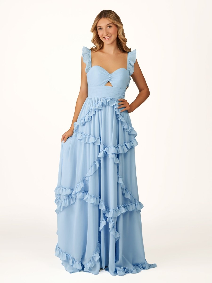 A-Line Straps Sky Blue Chiffon Ruffles Long Formal Prom Gown
