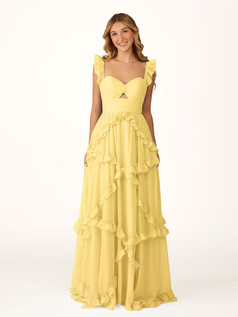 A-Line Straps Sky Blue Chiffon Ruffles Long Formal Prom Gown
