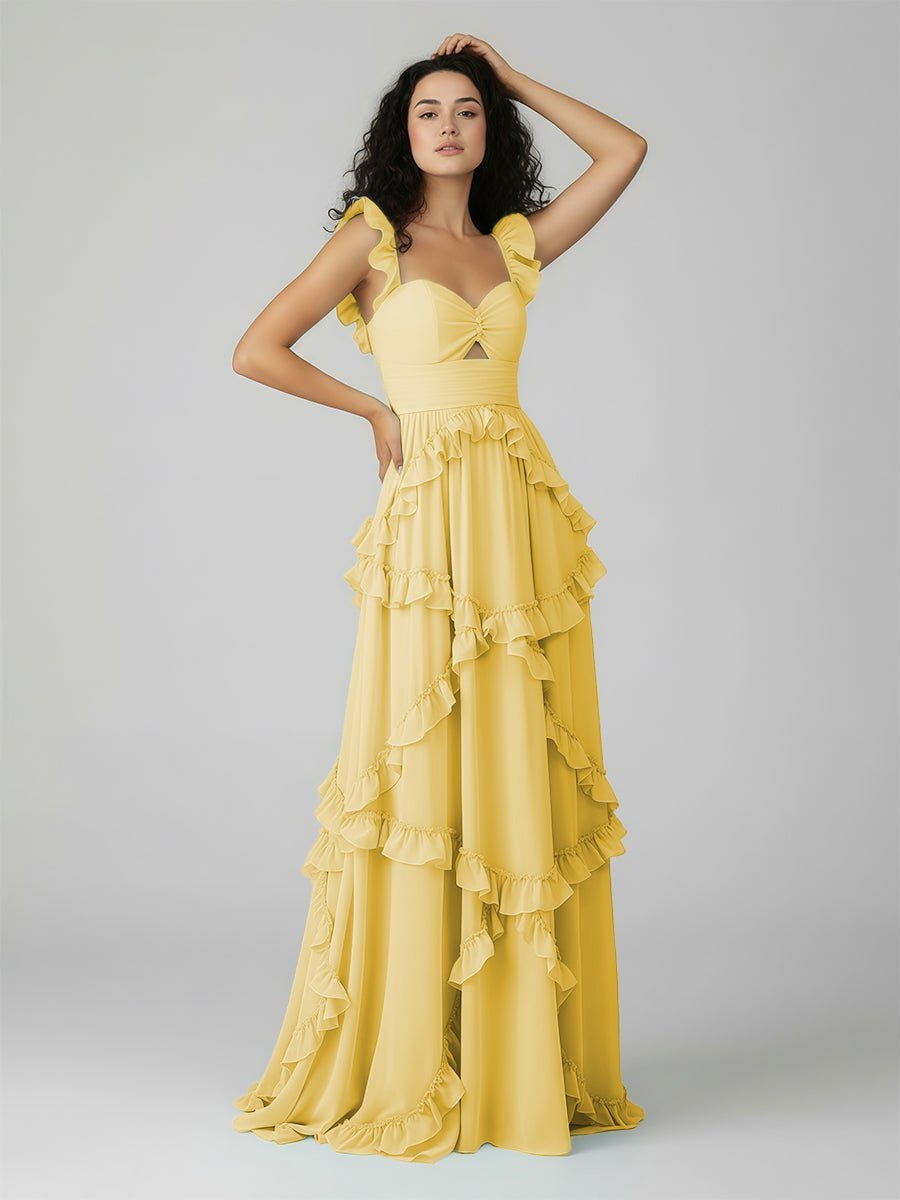 A-Line Straps Sky Blue Chiffon Ruffles Long Formal Prom Gown