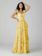 A-Line Straps Sky Blue Chiffon Ruffles Long Formal Prom Gown